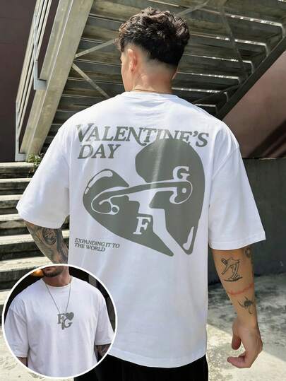  FRACTYR Men's Casual Street Style Loose Fit Heart Graphic Print Round Neck Short Sleeve T-Shirt, Summer