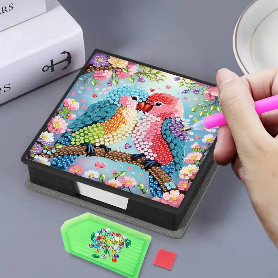 1件DIY钻石画鸟图案，不对称水钻镶嵌画，黑色仿皮自粘便签盒，内含160张便签纸，适用于家庭、办公室和学校用品、手工制作、可爱文具、节日礼物 - 查看 1