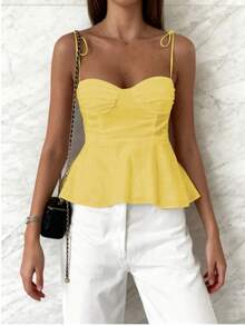 1 Piece Women's Casual Top With Ruffled Hem, Elegant Pure White Minimalist French Tank Top, Fitted Cropped Camisole, Lightweight For Vacation And Work, Front Tied Strap, Sexy Babydoll Silhouette, Spring/Summer/Autumn - BB黃 - 查看 4