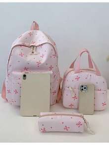 3pcs/Set Cute Bowknot Casual Backpack, Floral Pattern Schoolbag, Satchel & Pencil Case For Middle School Students, Versatile & Spacious - Pink - View 3