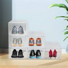 6 Pack Transparent Shoe Storage Boxes Hard Plastic Stackable Shoe Box Organiser Foldable Storage Case For Home Closet Organizer - White - View 3