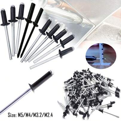 50pcs Aluminum Alloy Blind Rivets Rivets Dome Head Open End Black M2.4 /3.2/4/5