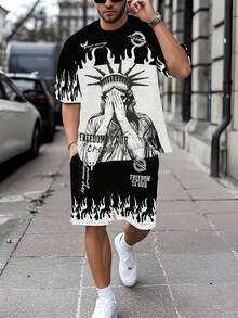 Men's Printed Short Sleeve T-Shirt + Shorts Set, Casual Sportswear, Breathable Outdoor Leisure Men's T-Shirt And Knee-Length Pants Set, Summer Outfit Perfect For Weekend Casual Wear, Running, And Fitness - style - 查看 2