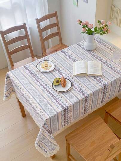 1 pieza Mantel de lino estampado, mantel con bordes con flecos, cubierta de mesa de comedor impermeable, protector de superficie de mesa de cocina, mantel de mesa de café decorativo y a prueba de polvo, adecuado para decoración del hogar diaria y arreglos de fiestas. Tela de lino gruesa seleccionada, duradera y lavable.