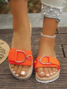 Women's Metal Buckle Faux Rope Sole Comfortable Lightweight Flat Sandals, Vacation Style Summer Daily Wear Beach Play Orange Slippers Plus Size - Orange Vertical Stripes - View 4