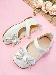 1双儿童白色珠光方头平底鞋，仿珍珠水钻蝴蝶结玛丽珍鞋，适合夏季郊游、婚礼、学校派对、休闲穿着 - 白色 - 查看 6