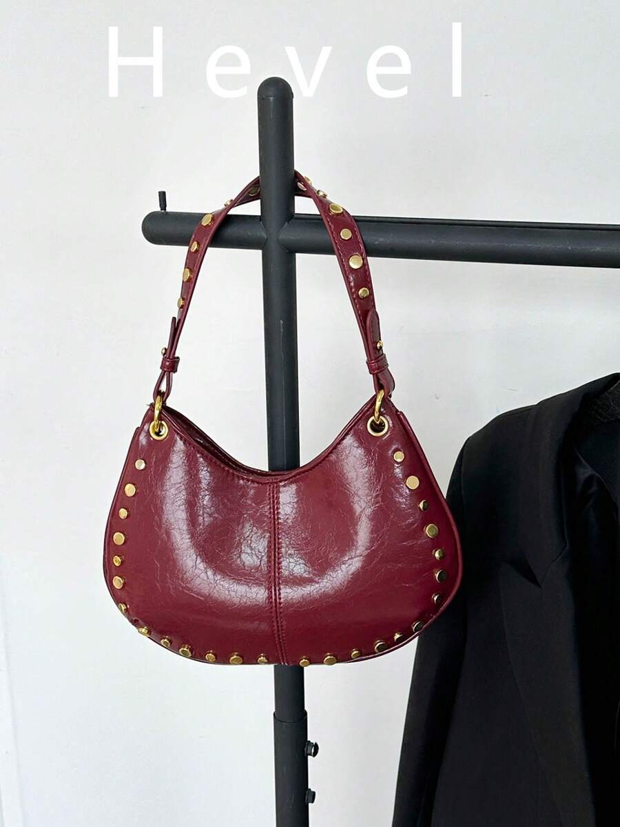 Punk Street Style Rivet Adjustable One Shoulder Crossbody Saddle Bag For Women - Burgundy - View 1