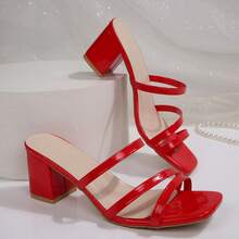 Women's Solid Color Party PU Leather Patent Thick Heel High Heel Sandals, Summer - Red - View 6