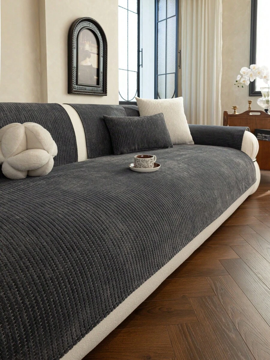 1pc Fashion Minimalist Jacquard Chenille Sofa Cushion Cover, Luxury High-End Sofa Slipcover, Atmosphere, New Year Decor, Solid Stripe Element, Pet-Friendly, Protect Sofa, Decorative, Machine Washable, 4-Season Use, 1-4 Seater Sofa, L-Shaped Sofa, Dust-Proof, Anti-Slip, Anti-Scratch - Dark Grey - View 1