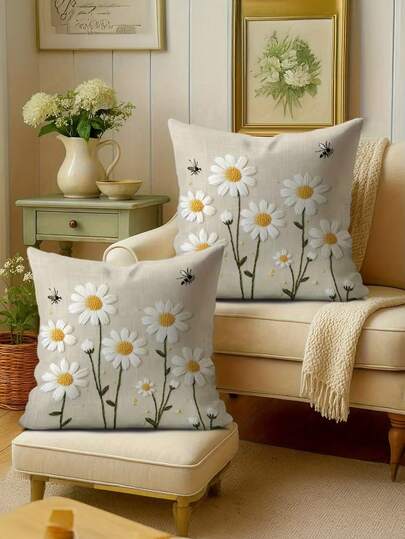1/2/4pcs Minimalist Daisy And Bee Throw Pillow Covers - Featuring Soft Floral Designs, With Vintage Zipper Closure, Machine Washable, Ideal For Spring/Summer Home Decor In Living Room And Bedroom (Multiple Sizes, Pillow Insert Not Included)