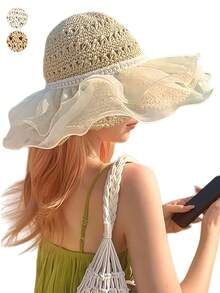 1顶蕾丝边珍珠网纱草帽，女士沙滩帽，宽檐可折叠旅行渔夫帽，春夏款 - 多色 - 查看 12