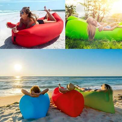 1pc Outdoor Inflatable Lazy Air Sofa, Portable Inflatable Sofa, Greener Polyester Portable Beach Sleeping Bag, Folding Single Inflatable Sofa With Carrying Bag, Pool Floats