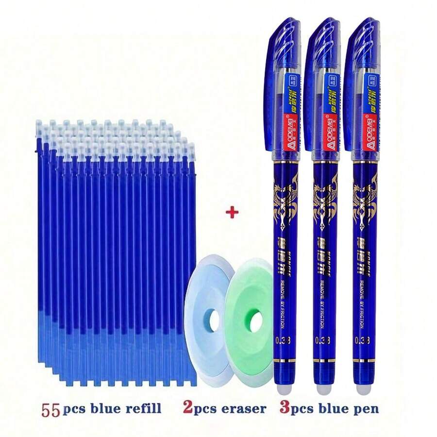 Bộ 60 bút bi xóa được, bút gel ma thuật 0.5mm, cán bút có thể giặt được - Màu xanh dương, đỏ và đen, kẹp nhựa, tay cầm tiện dụng, lý tưởng cho văn phòng phẩm và học sinh chuẩn bị năm học mới.