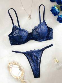 2pcs Women Lace Splice Sheer Underwire Bra And Plaid Panties Lingerie Set Bridallingerie - 藏蓝色 - 查看 8
