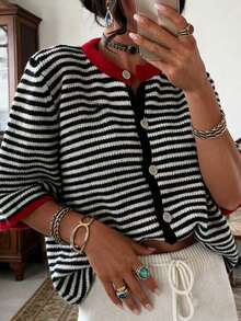 2026春夏新款女士黑白条纹毛衣，适合情人节和节假日穿着 - 黑與白 - 查看 12