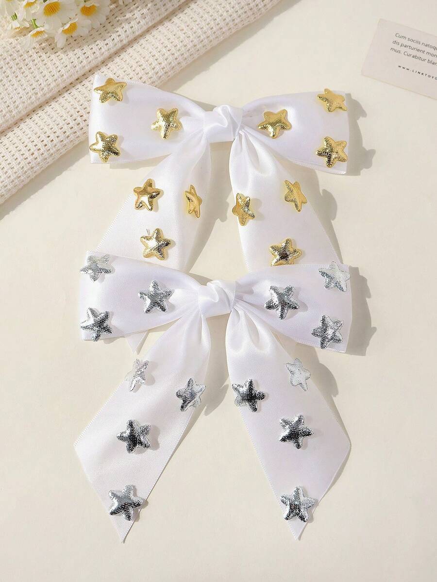 1 pieza Clip de pelo con lazo de tela con estrella minimalista dorada/plateada de moda para niñas - horquilla - Ver 1