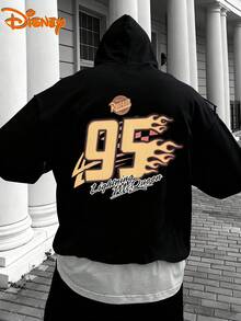 Disney Men's Casual Hoodie, Lightning McQueen 95 Flame Print, Bold Racing Style, Comfortable Fit, Perfect For Streetwear & Fan Gatherings - màu đen - Xem 1