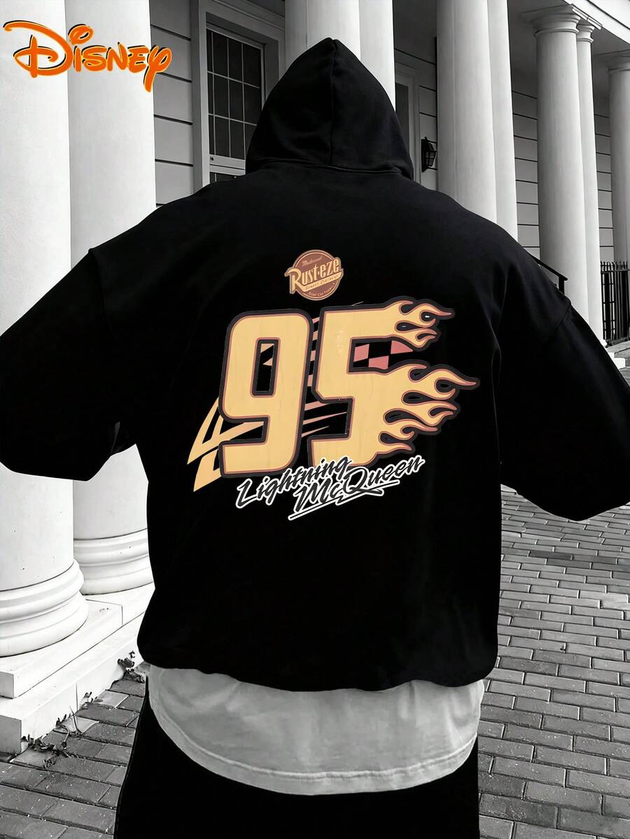 Disney Men's Casual Hoodie, Lightning McQueen 95 Flame Print, Bold Racing Style, Comfortable Fit, Perfect For Streetwear & Fan Gatherings - màu đen - Xem 1