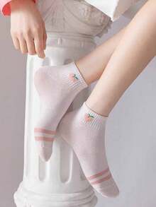 5 pares de calcetines cortos de boca poco profunda, color rosa, con diseño lindo de melocotón, para primavera/otoño - Multicolor - Ver 5