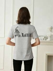 Y2K Cartoon Print Short Sleeve T-Shirt, Women's Summer Casual Loose Fit Round Neck Versatile Slim Tops - Light Grey - View 2