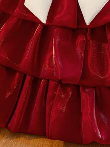 Baby Girls' Round Neck Contrast Bow Satin Cute Flower Girl Puffy Dress For Wedding, Birthday Party, Banquet, Excluding Headband - Burgundy - View 9