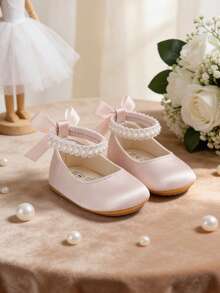Newborn Baby Girls' Mary Jane Flats, Bow Decor, Non-Slip Soft Bottom PU Leather Infant Toddler Shoes, Pearl Ribbon - Baby Pink - View 3