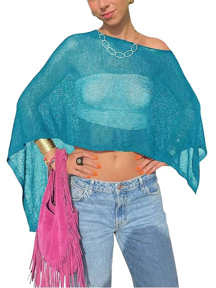 Women Sheer Mesh Poncho Top Crochet Knit Lightweight See Through Shawl Wrap Summer Oversized Loose Shrug Beachwear Swimsuit Bikini Cover Ups - 藍色 - 查看 1