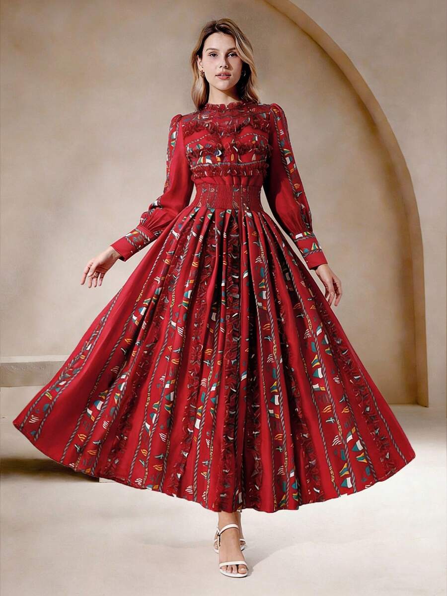 ELYRADIA Women's Fall Red Ruched Bodycon Dress With Floral Print & Ruffle Hem - Elegant Long Party Gown For Formal Occasions