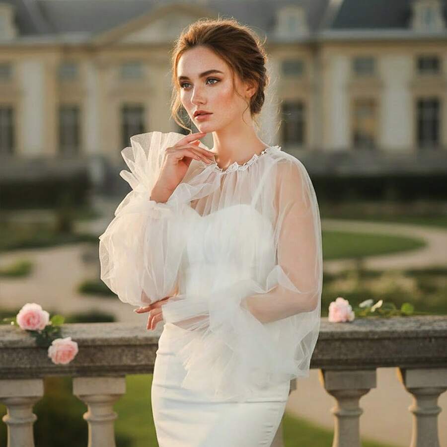 1pc European And American Style Elegant Bell Sleeve Bridal Shawl, Wedding Gown Outer Wear For Wedding Ceremony And Evening Banquet - Multicolor - View 1