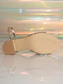 Shiny Gold Rhinestone Thick Heel Sandals, Round Toe Strap High Heels, Wedding Party Bridal Shoes For Women - Gold - View 7