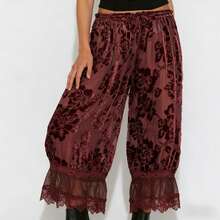 Y2K Coquette Sheer Floral Lace Bloomer Pants Ruffle Trim Wide Leg Pettipants - 紅色 - 查看 1