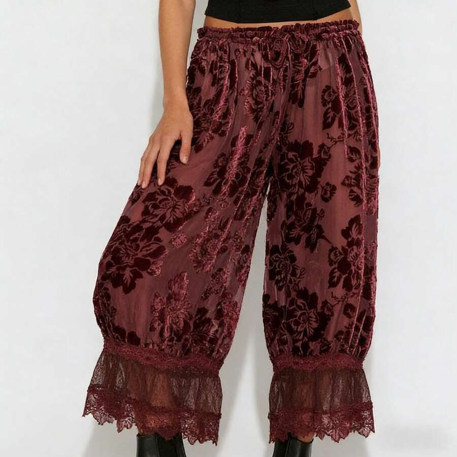 Y2K Coquette Sheer Floral Lace Bloomer Pants Ruffle Trim Wide Leg Pettipants - 紅色 - 查看 1