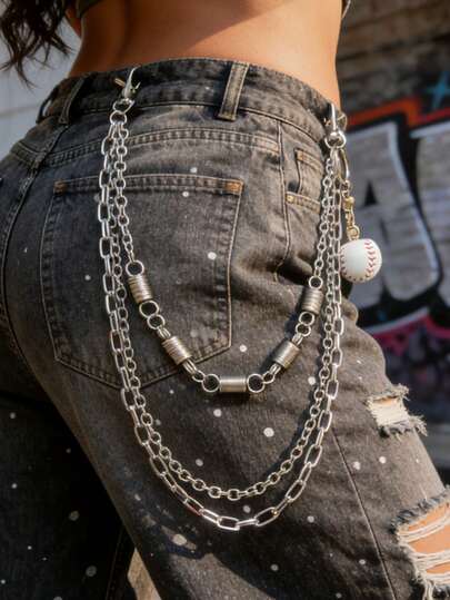 1pc Spring + American Baseball Element Multi-Layer Metal Pant Chain/Bag Chain, Baseball Pant Chain, Multi-Layer Metal Pant Chain, Bag Chain, High Street Style, Streetwear, Hip Hop Accessory, American Sports Style, Baseball Pendant, Bat Pendant, Silver Chain, Retro Style, Unisex, Bag Accessory, Keychain, Fashion Jewelry, Music Festival Outfit, Street Style Accessory, Unique Gift/Birthday Gift/St. Patrick's Day Gift