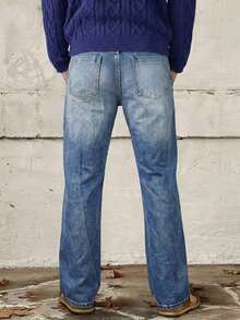 Fashion Women's Slightly Wide Low Waist Straight Jeans Classic Whisker Distressed Simple Design Office Casual Straight Pants - Blue - View 4