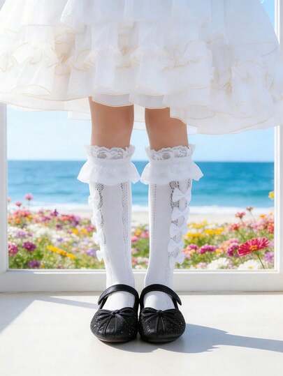 1 Pair Spring/Summer Black Girls' Lace Socks, Sweet Heart & Bow Decor Mesh Mid-Calf Socks, Lolita Style, Suitable For Daily Wear, Holidays, Travel, School, Valentine's Day