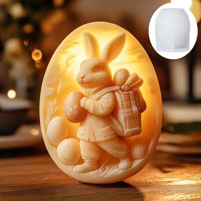 1个兔子邮递员彩蛋蜡烛硅胶模具，兔子邮递员拿着彩蛋浮雕彩蛋蜡烛模具，复活节彩蛋石膏树脂模具，兔子送蛋水泥混凝土模具蜡烛模具复活节礼物