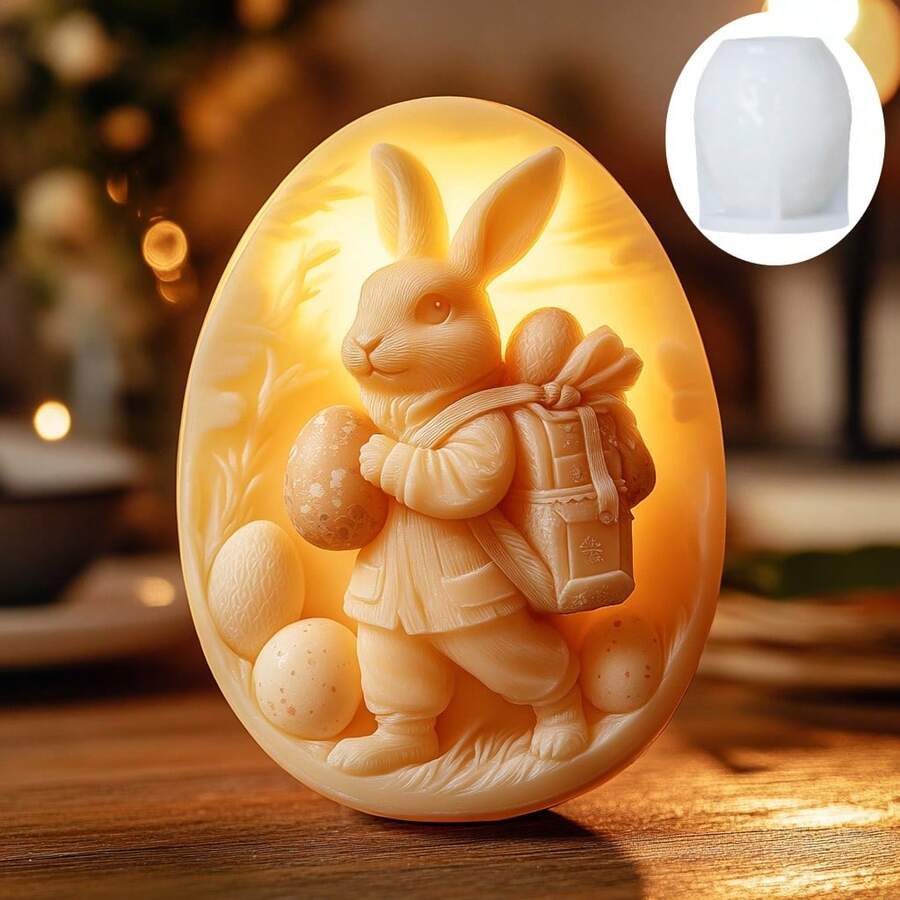 1个兔子邮递员彩蛋蜡烛硅胶模具，兔子邮递员拿着彩蛋浮雕彩蛋蜡烛模具，复活节彩蛋石膏树脂模具，兔子送蛋水泥混凝土模具蜡烛模具复活节礼物 - A-白色 - 查看 1