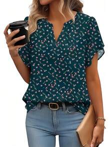 女士短袖雪纺V领印花衬衫，轻盈舒适，适合工作、度假、居家及节日场合，春夏秋季皆宜。 - 彩色 - 查看 1