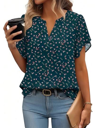 Áo sơ mi nữ tay ngắn cổ chữ V bằng vải chiffon in họa tiết, nhẹ nhàng và thoải mái, phù hợp cho công sở, du lịch, ở nhà và các dịp lễ hội, mùa xuân/hè/thu.