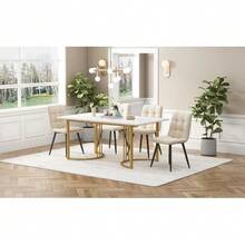 Dining Set (5 Pieces), Table And 4 Chairs, Modern Kitchen Set, 140*80cm Kitchen Table With Gold Metal Legs, White MDF Top, Beige Velvet Dining Chairs - Apricot - View 2