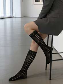 1/2/3双装法式复古蕾丝过膝袜，几何镂空设计小腿袜，高端造型必备单品 - 彩色 - 查看 7