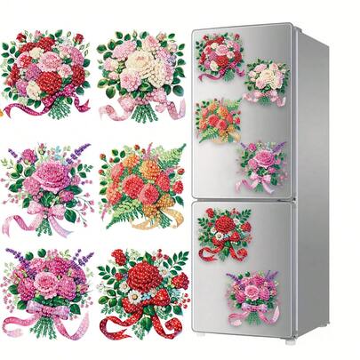 6pcs Diamond Art Refrigerator Magnets Flower Diamond Painting Decor, DIY Diamond Painting Magnet Kit For DIY Crafts Gifts Refrigerator Mailbox Decoration