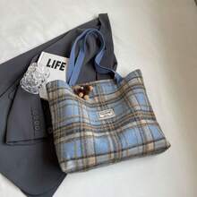 Elegant Versatile Large Capacity Commuter Plaid Tote Bag, Woolen Plaid One Shoulder Tote Bag - Multicolor - View 3