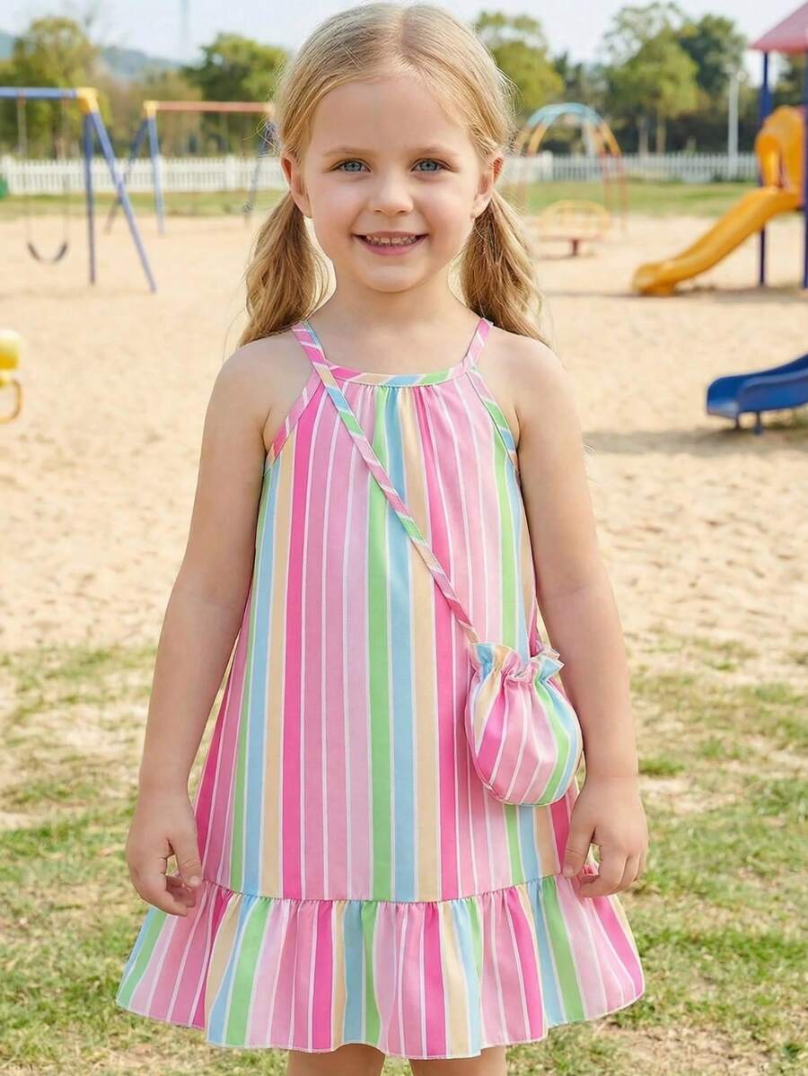 Young Girls Spaghetti Strap Striped Ruffle Hem Casual Vacation Dress + Bag Set - Hot Pink - View 1