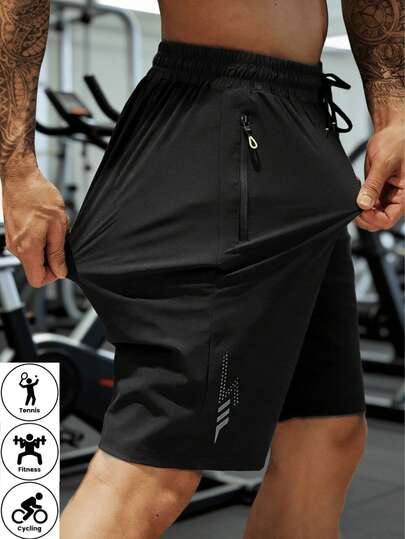 Pantalones cortos deportivos para hombre, pantalones cortos con bolsillo con cremallera de unicolor estampado, pantalones de fitness y running transpirables y de secado rápido