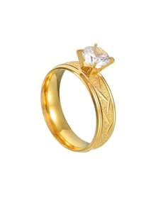 1pc Elegant Gold-Tone Rhinestone Textured Stainless Steel Ring, Suitable For Wedding & Daily Wear - Gold - View 3