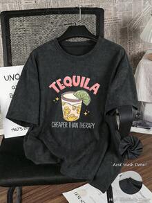 Camiseta de mujer casual y suelta de manga corta con efecto lavado, con estampado gráfico del número 84, camiseta deportiva vintage, inspirada en el estética y el s(only 1 Camiseta) - Negro - Ver 4