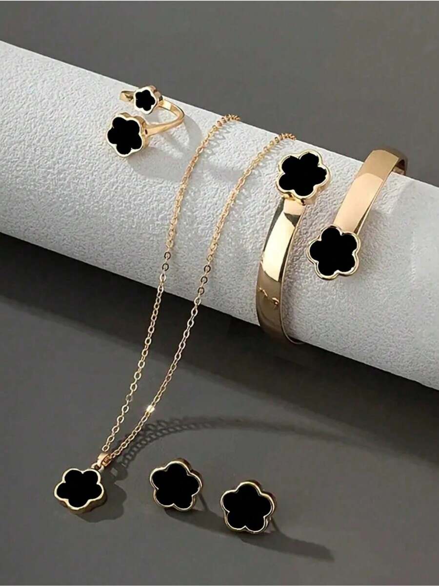 5pcs Set Lucky Clover Design Necklace Earrings Bracelet And Ring - Đen - Xem 1