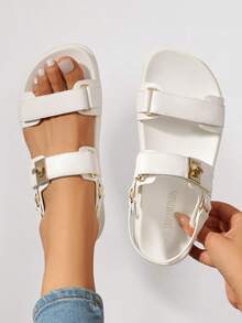 Sandalias planas cómodas de verano para mujer con punta abierta, sandalias de vestir de moda ajustables para mujer - Blanco - Ver 2