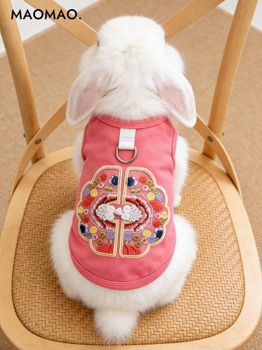 1pc Rabbit Pet Clothing With Embroidered Buttons, Chinese Style, Spring And Autumn Pet Clothes, Bunny Supplies, Bunny Pet Supplies, Rabbit Supplies, Small Pet Clothing, Rabbit Clothes, Cute Chinese-Style Vests, Pet Clothes Suitable For Kittens
